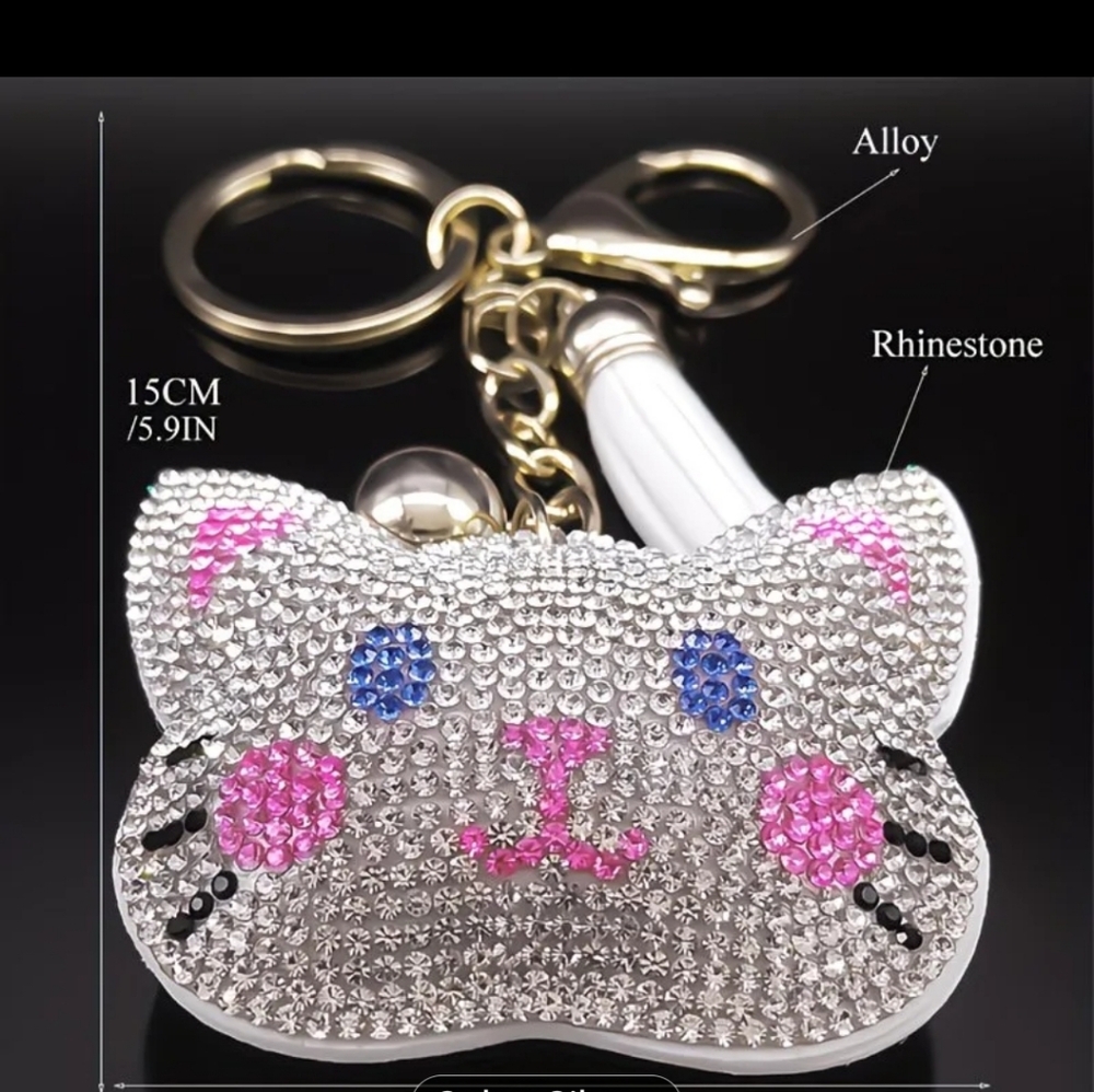 🆕️🐱 WHITE RHINESTONE CAT FACE BAG CHARM & KEY CHAIN🐱 - Picture 9 of 12